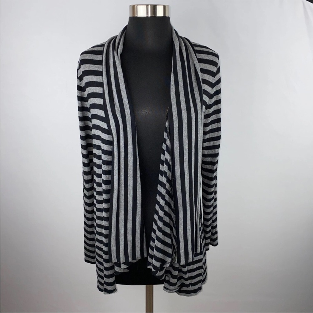 Apt 9 Cardigan Open Front Gray Black Opposing Stripes Casual Workwear Job M